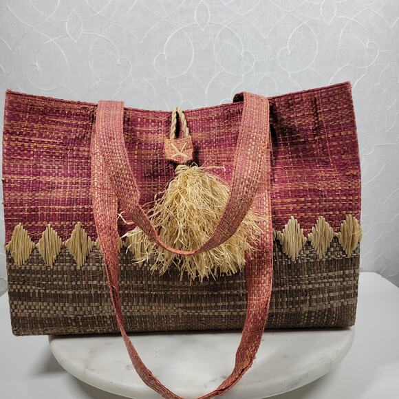 Crossing Pointe Raffia Beach Bag 14" Pink Brown Colorblock Tan Straw Diamond - Picture 15 of 16